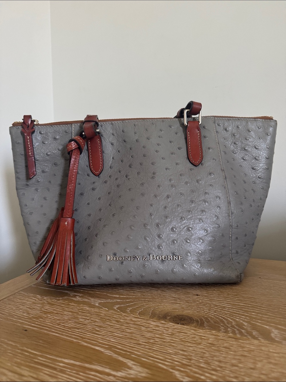 Dooney & Bourke Gray Ostrich-Embossed Tote with Brown Trim and Tassel